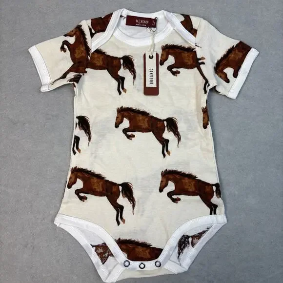 Milkbarn Organic Cotton One Piece Natural Horses 3-6 Months Boy/Girl Cream - Picture 1 of 6